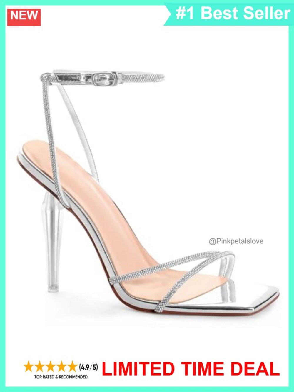 Womens Heeled Sandals Rhinestone Strappy Open Square Toe Stiletto Heels